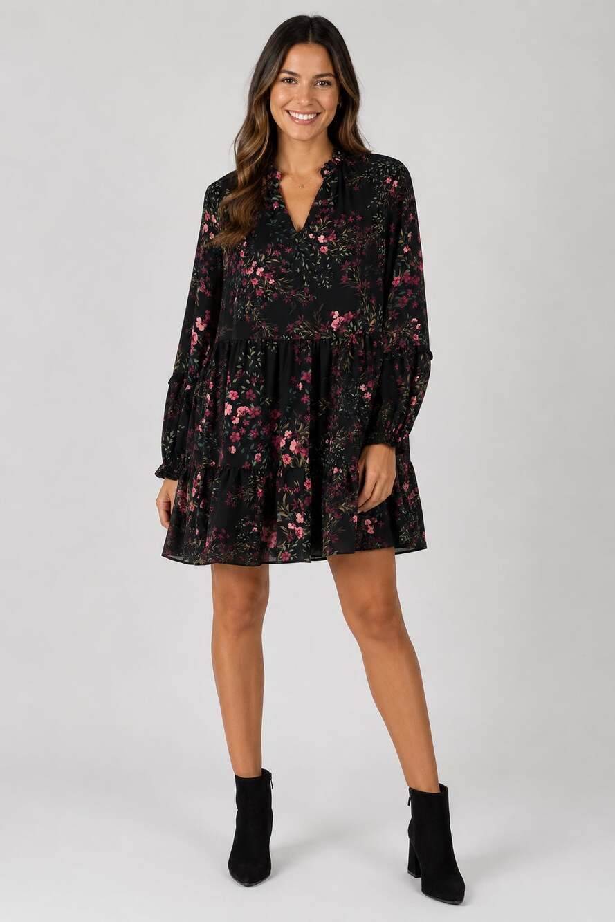 CeCe Black Floral Tiered Babydoll Mini Dress Womens Size Small Long Sleeve